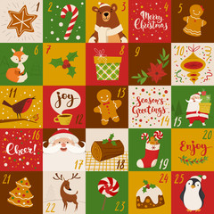 cartoon style Christmas advent vector calendar design with holiday characters, food and symbols