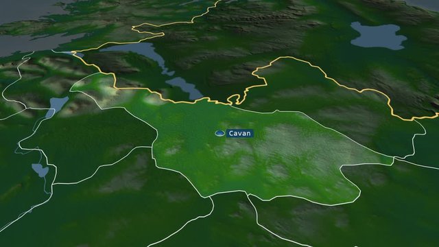 Cavan - county of Ireland with its capital zoomed on the physical map of the globe. Animation 3D
