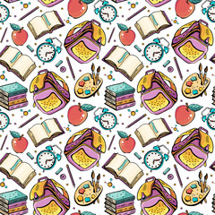 Cartoon hand-drawn Back to School seamless pattern. Lots of symbols, objects and elements. Perfect funny background. Vector illustration.