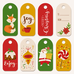 Tags and labels for Christmas holidays with symbols and lettering.