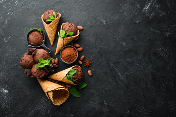 Chocolate ice cream with chocolate. Top view. Free space for your text.