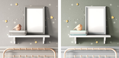 3d realistic render frame on shelf with books and ceramic bird. Mock up template. Fashion design.