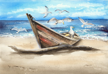 Watercolor picture of an old fishing boat on the sandy beach with some seagulls