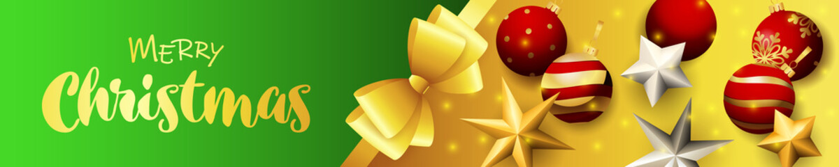 Merry Christmas banner design with balls, stars on green and glittering yellow horizontal background with golden bow. Lettering can be used for invitations, signs, announcements