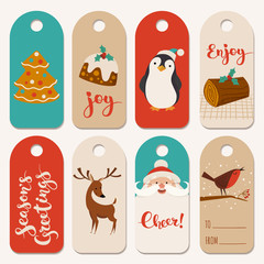 Tags and labels for Christmas holidays with symbols and lettering.