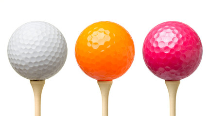 Three golf balls  on tee isolated on white background - obrazy, fototapety, plakaty