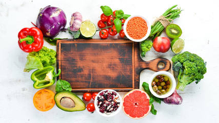 Healthy Organic Food. Fresh fruits and vegetables. Top view. Free space for your text.