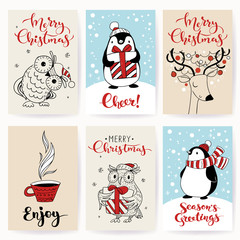 Christmas greeting cards with cute cartoon characters