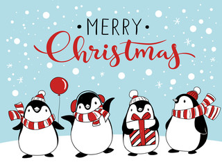 Merry Christmas greeting card with cute penguins