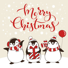Merry Christmas greeting card with cute penguins