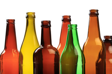 set of empty beer bottles on  white background - Image