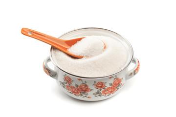 saucepan full of sugar isolated on white background  - Image