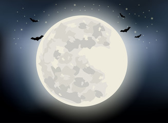 Halloween background vector with full moon and bat silhouette style