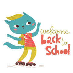 Back to school vector poster with cute cat character and lettering