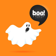 Flying halloween funny spooky ghost character say BOO with text space in the speech bubble vector illustration isolated on orange background