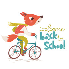 Back to school vector poster with cute fox character riding a bike and lettering