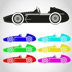 The history of a racing car. Retro car icon.