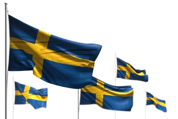 nice five flags of Sweden are waving isolated on white - image with selective focus - any celebration flag 3d illustration..