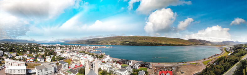 Obraz premium Panoramic aerial view of Akureyri town in Iceland