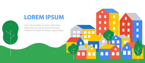Banner or background with city houses, trees and hills in minimalistic style with  copy space