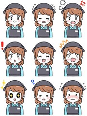 いろいろな表情のセット（女性店員　黒エプロン　茶髪ボブ）