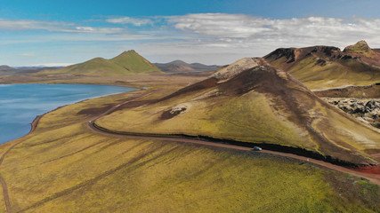 Aerial view of Landmannalaugar mountains and lake,Fjallabak Nature Reserve in the Highlands of Iceland