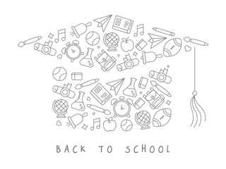 School supplies icon arrange as graduation hat shape