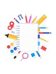 Back to school, Notebook with school supplies vector