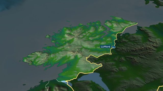 Donegal - county of Ireland with its capital zoomed on the physical map of the globe. Animation 3D