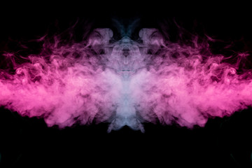 Fototapeta premium Smoke of different blue, red and pink colors in form of horror in the shape of the head, face and eye with wings on a black isolated background. Soul and ghost in mystical symbol. Print for clothes.