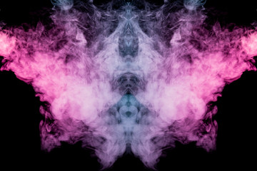 Smoke of different blue, red and pink colors in form of horror in the shape of the head, face and eye with wings on a black isolated background. Soul and ghost in mystical symbol. Print for clothes.