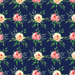 Seamless background, floral pattern with watercolor flowers roses and leaves. Repeating fabric wallpaper print texture. Perfectly for wrapping paper, backdrop, frame or border.