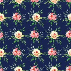Foto op Aluminium Seamless background, floral pattern with watercolor flowers roses and leaves. Repeating fabric wallpaper print texture. Perfectly for wrapping paper, backdrop, frame or border. © Larisa