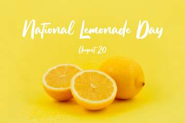 National Lemonade Day stock images. Halved lemon illustration. Lime on a yellow background. Lemon slice picture. Yellow lemons stock images. Juicy pieces of lemons. Lemonade Day Poster, August 20