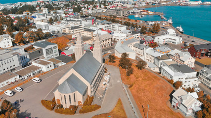 Aerial view of Akureyri town in Iceland on a sunny summer afternoon