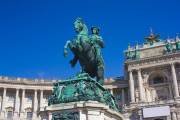Fototapeta na wymiar Equestrian statue of Prince Eugene of Savoy by Anton Dominick Ritter von Fernkorn (1865) at Heldenplatz (Heroes' square) in Vienna