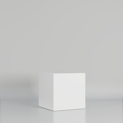 White pedestal in light studio. 3d rendering background.