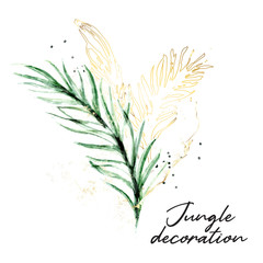 Set of floral palm leaves and gol foil elements. Flower jungle and green leaves. Wedding template. Floral poster, invite. Vector arrangements for greeting card or invitation design © milatoo