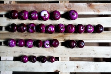 Red raw organic onions harvested from the garden and drying on wooden boards. The onions are sized