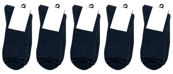 Blue socks. Natural wool. Five pairs of warm socks. Socks with label. Socks on white background. Isolated.
