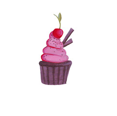 watercolor cupcake isolated on white background with cherry and cinnamon