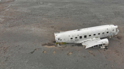Solheimasandur Plane Wreck, Iceland. Aerial view of airplane wreckage on the beach