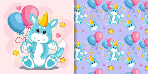 hand drawn cute dragon and balloons with pattern set