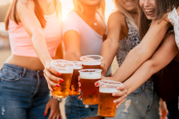 Female friends cheering with beer at music festival