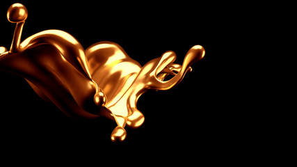 Luxury elegant splash liquid gold. 3d illustration, 3d rendering.