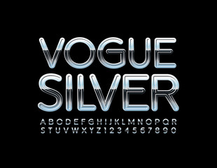 Vector Silver Font. Metallic reflective Alphabet Letters and Numbers.