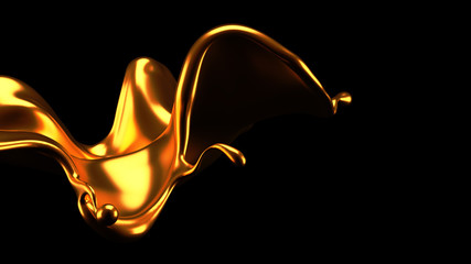 Luxury elegant splash liquid gold. 3d illustration, 3d rendering.