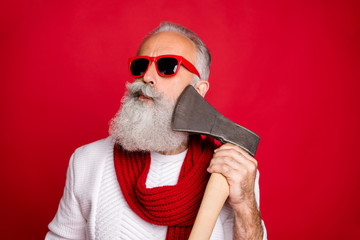 Fototapeta na wymiar Close-up portrait of his he nice attractive handsome content virile masculine gray-haired man macho in pullover sweater pretending shaving razor ax isolated on bright vivid shine red background
