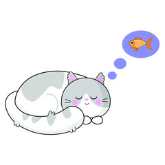 Vector graphics. Sweet, beautiful illustration of sleeping cat. Dreaming cat. Isolated illustration. Kawaii emotions. White background. 