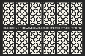 Collection of vector seamless geometric monochrome patterns. Creative minimalistic design. Unusual curve textures.